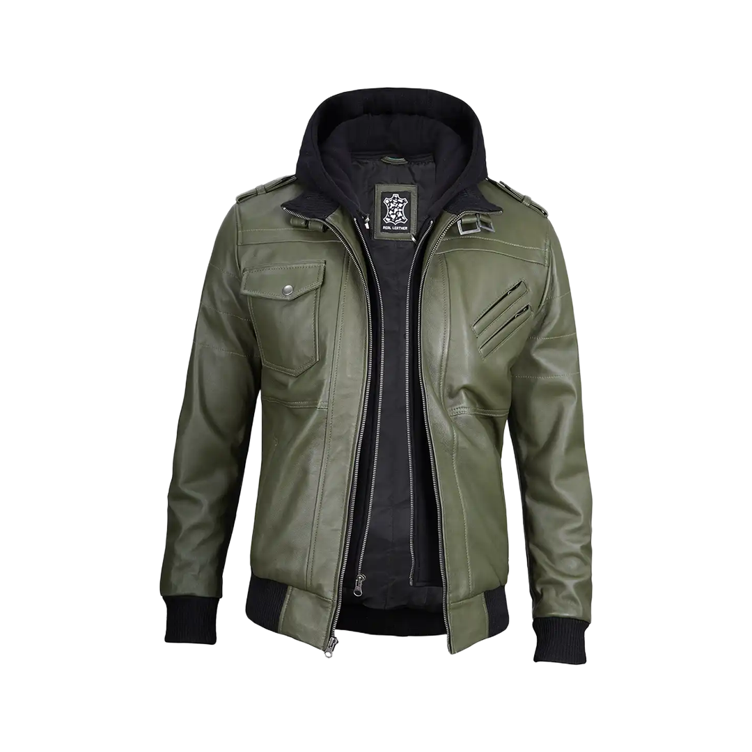 Men's Military Green Leather Jacket with Removable Hood