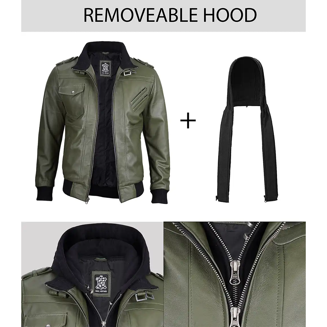 Men's Military Green Leather Jacket with Removable Hood