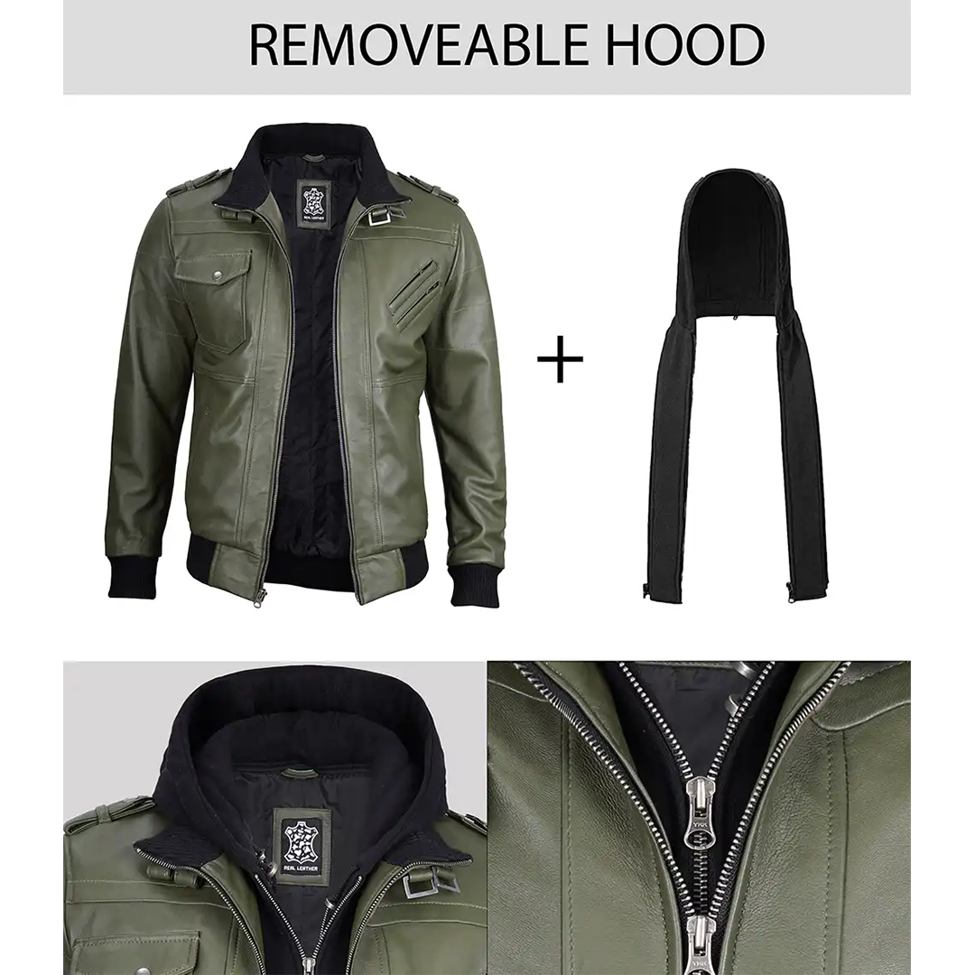 Men's Military Green Leather Jacket with Removable Hood