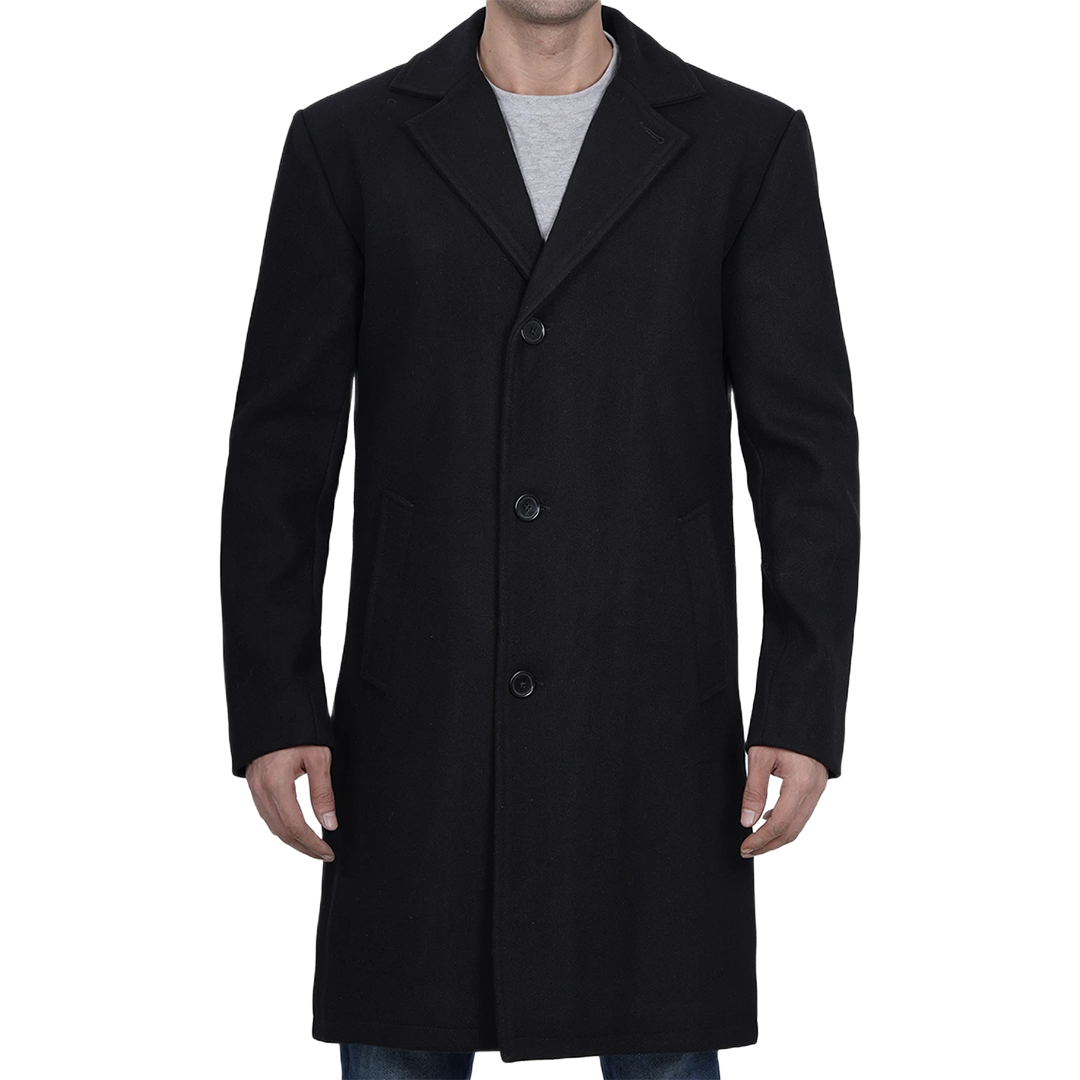 Men's Modern Fit Long Length Wool Black Topcoat