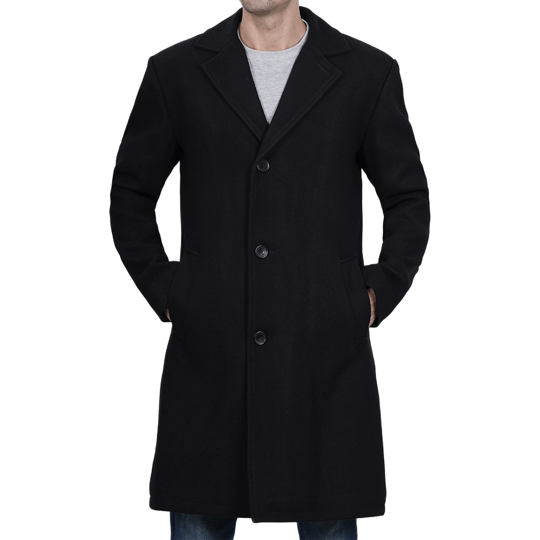 Men's Modern Fit Long Length Wool Black Topcoat