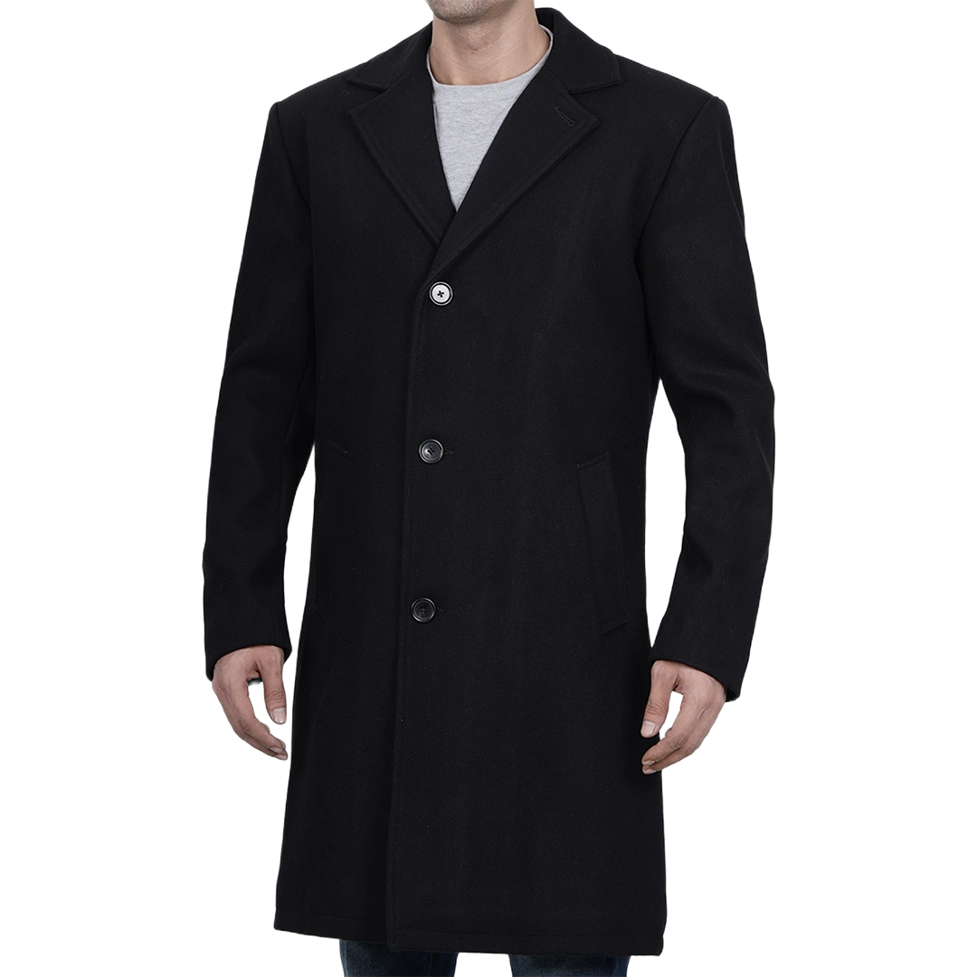 Men's Modern Fit Long Length Wool Black Topcoat