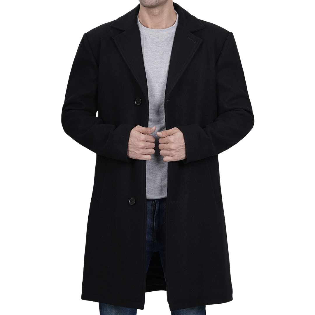 Men's Modern Fit Long Length Wool Black Topcoat