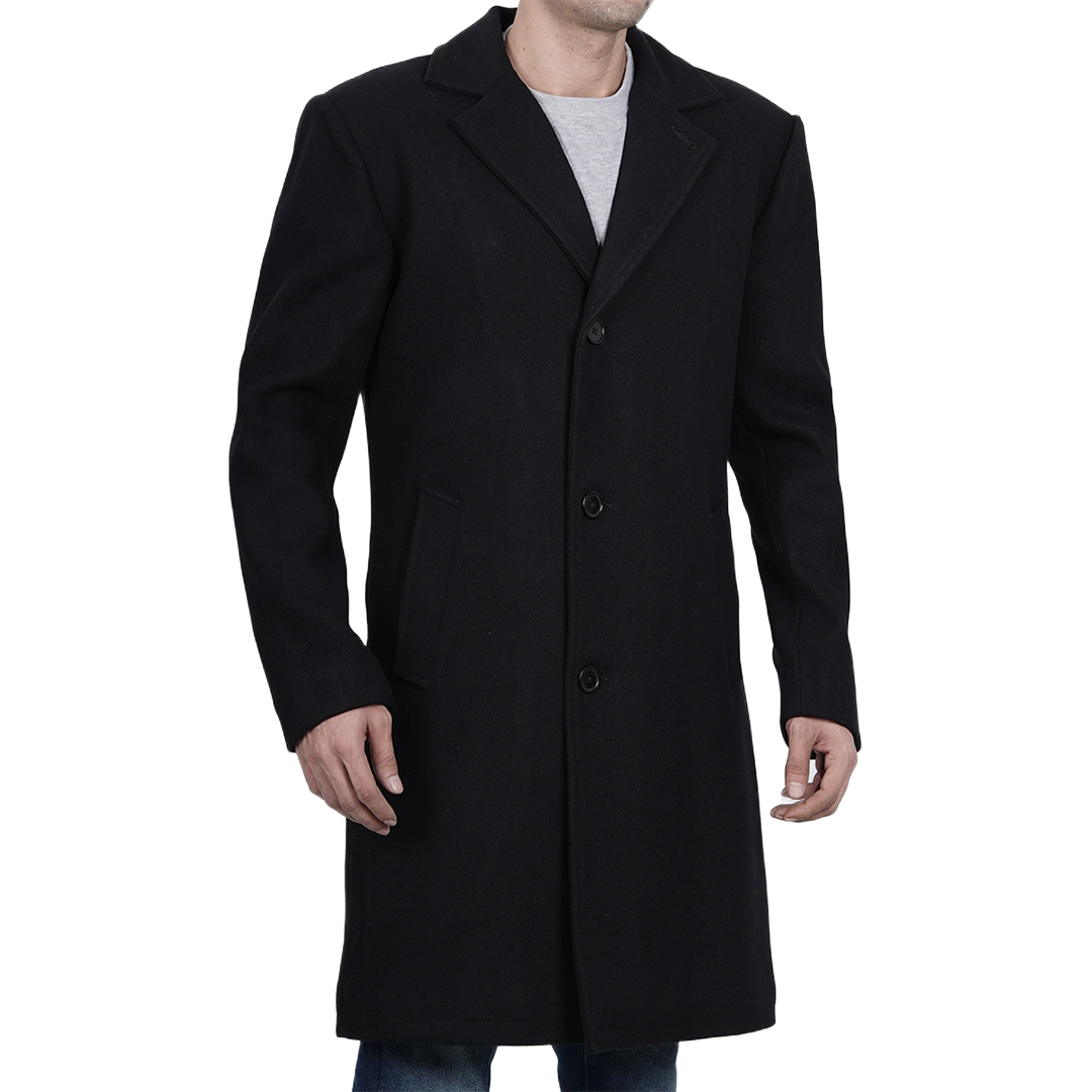 Men's Modern Fit Long Length Wool Black Topcoat