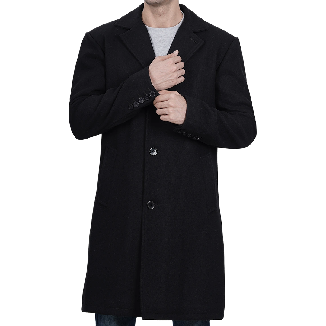 Men's Modern Fit Long Length Wool Black Topcoat