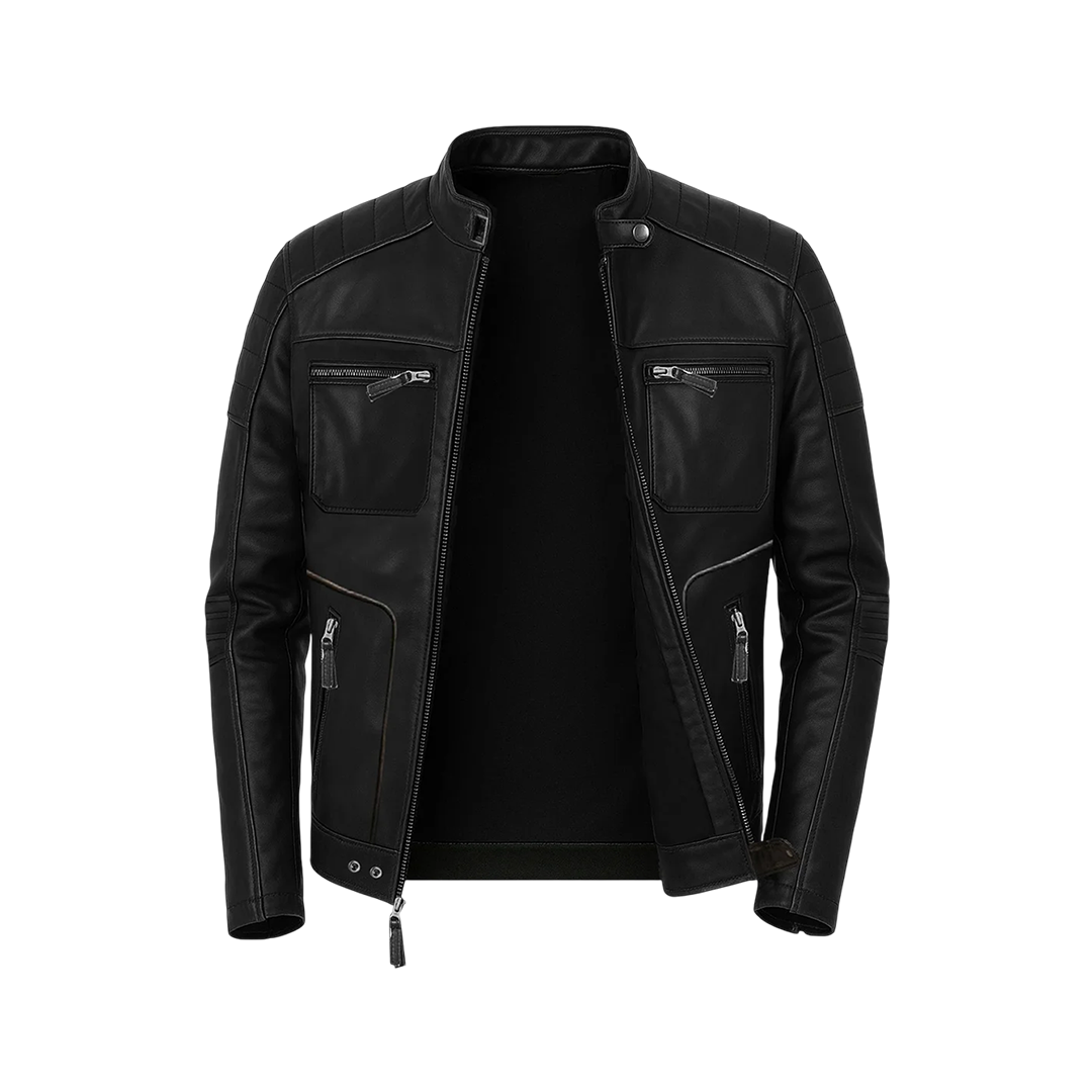 Men’s Moto Black Biker Leather Jacket with Padded Shoulders