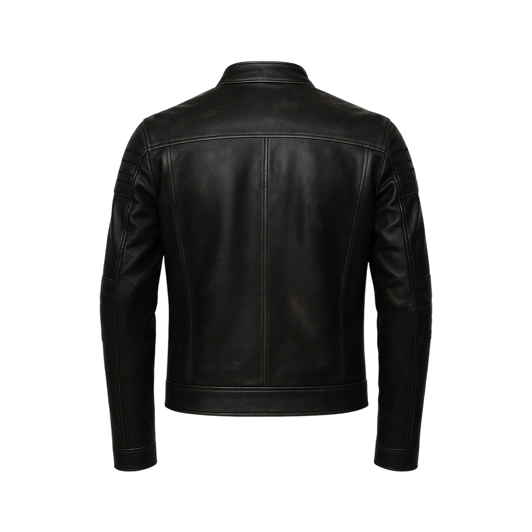 Men’s Moto Black Biker Leather Jacket with Padded Shoulders