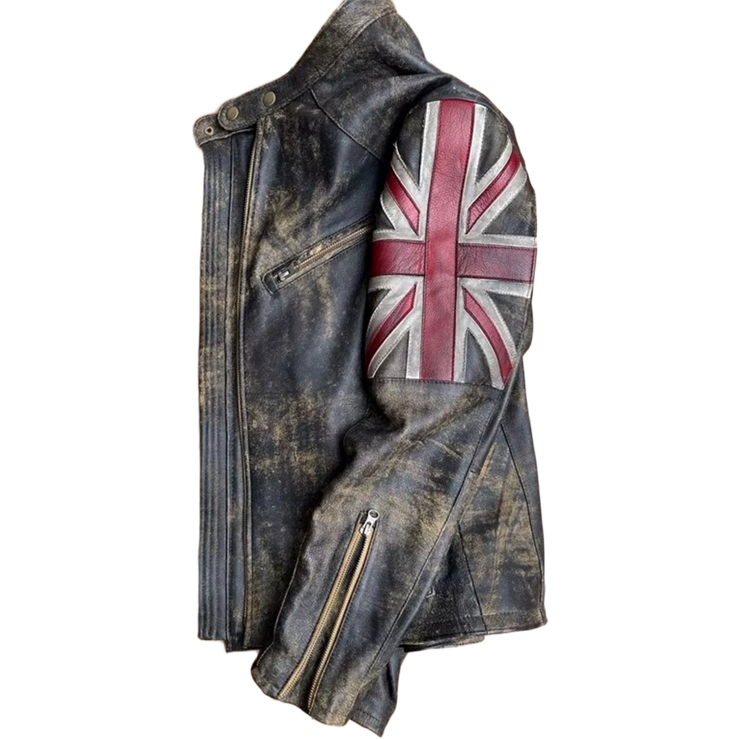 Men's Motorcycle Vintage Racer Union Jack Lambskin Leather Distressed Jacket
