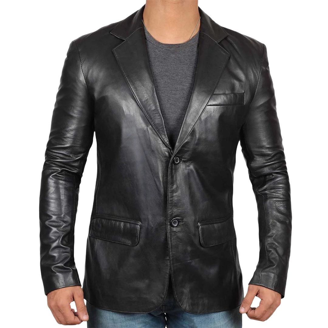 Men's Notch Lapel Two Button Black Leather Blazer Jacket