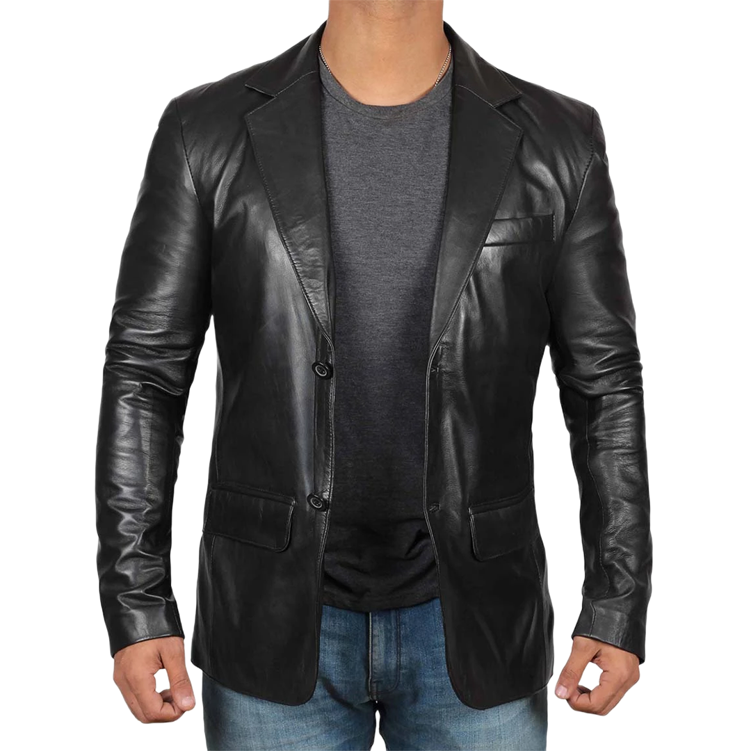 Men's Notch Lapel Two Button Black Leather Blazer Jacket