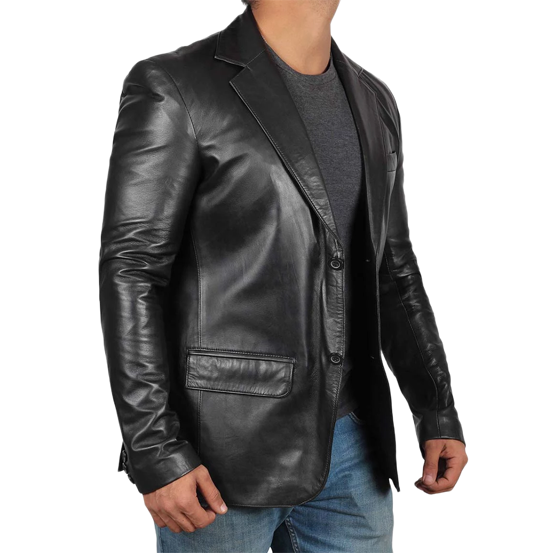 Men's Notch Lapel Two Button Black Leather Blazer Jacket