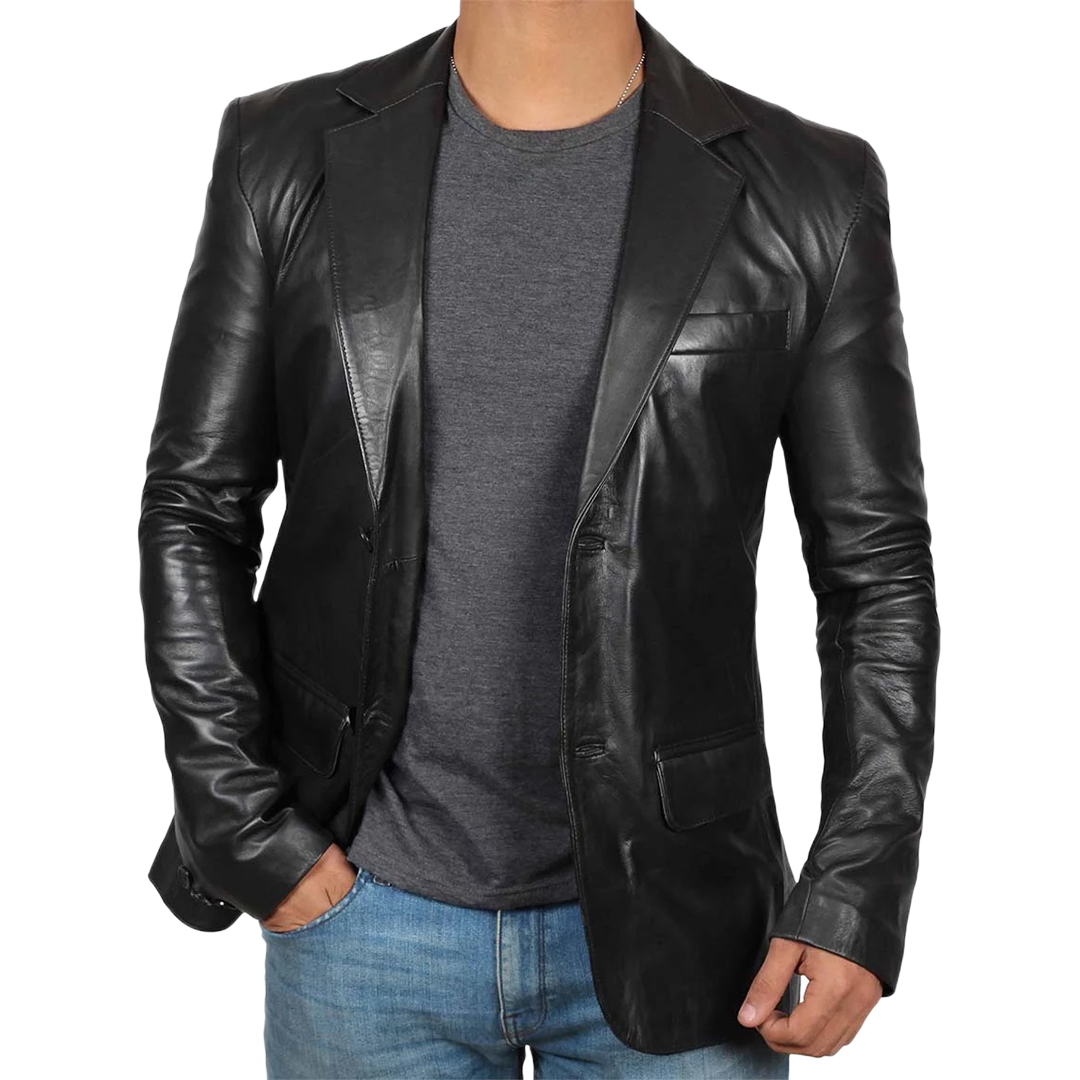 Men's Notch Lapel Two Button Black Leather Blazer Jacket