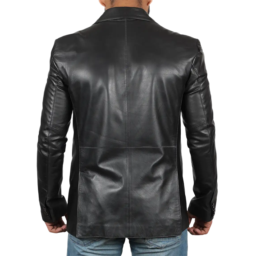 Men's Notch Lapel Two Button Black Leather Blazer Jacket