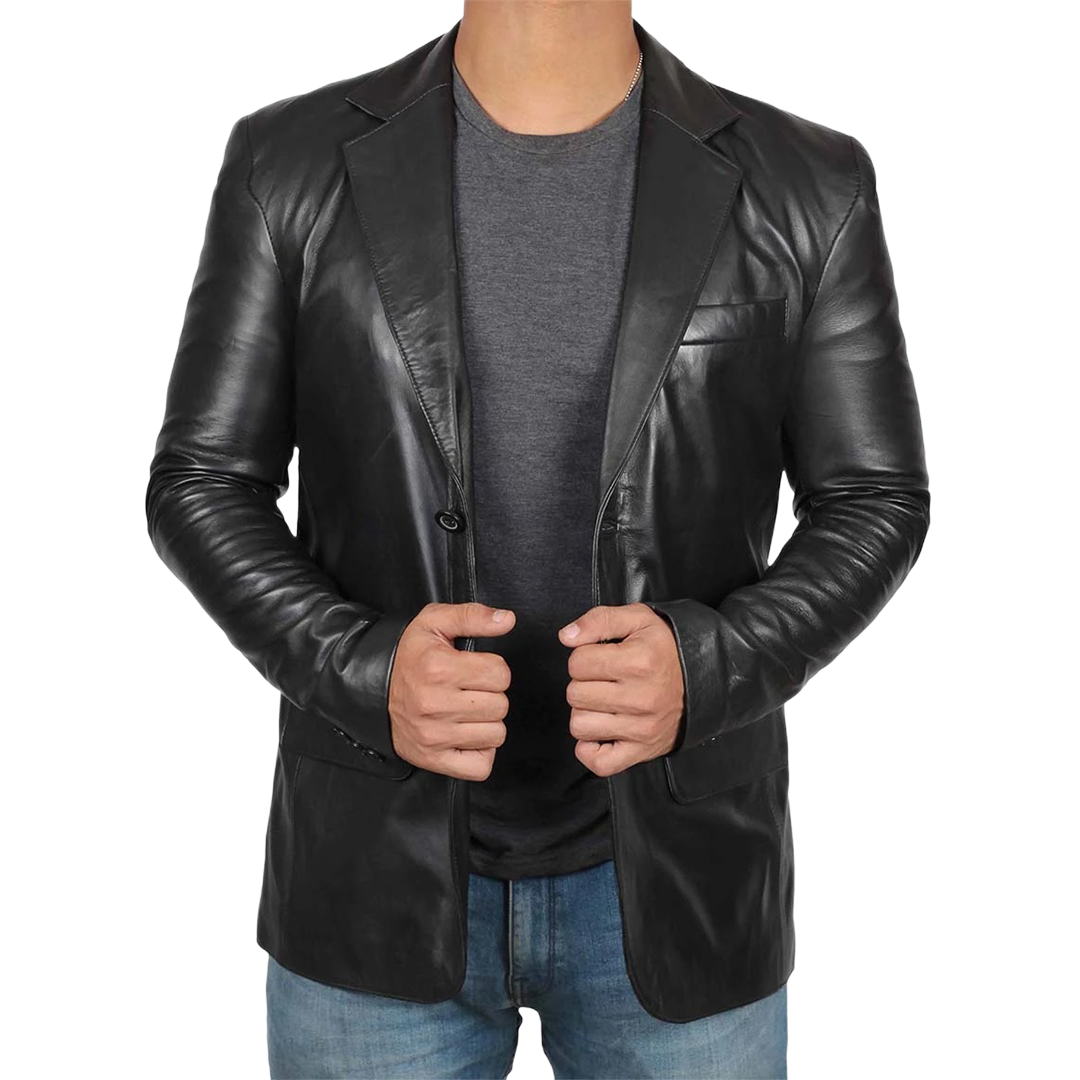 Men's Notch Lapel Two Button Black Leather Blazer Jacket