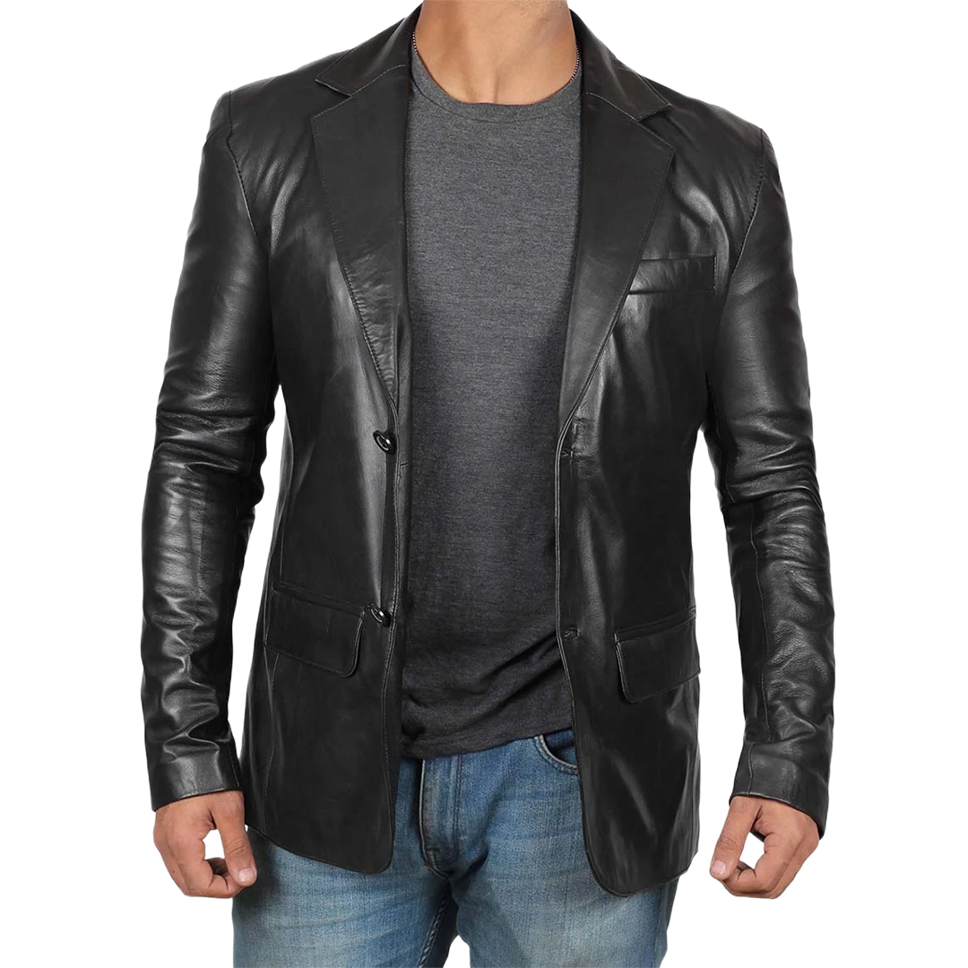 Men's Notch Lapel Two Button Black Leather Blazer Jacket