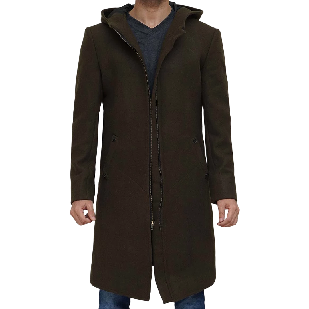 Men's Olive Green Long Wool Coat with Attached Hood