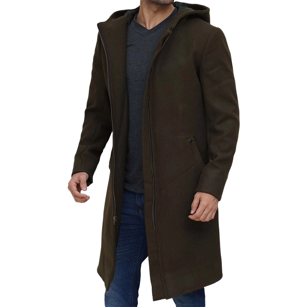 Men's Olive Green Long Wool Coat with Attached Hood
