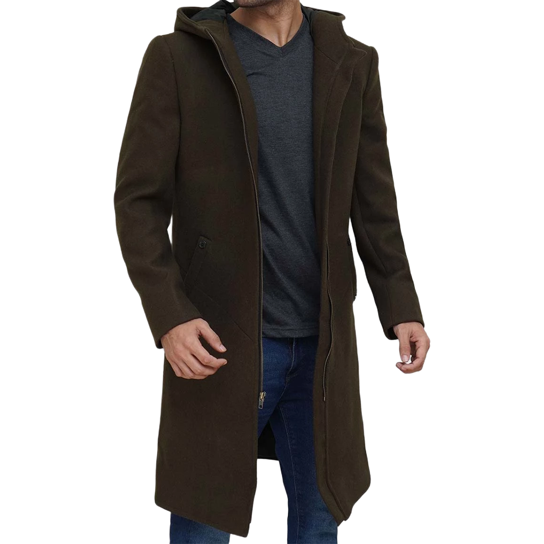 Men's Olive Green Long Wool Coat with Attached Hood
