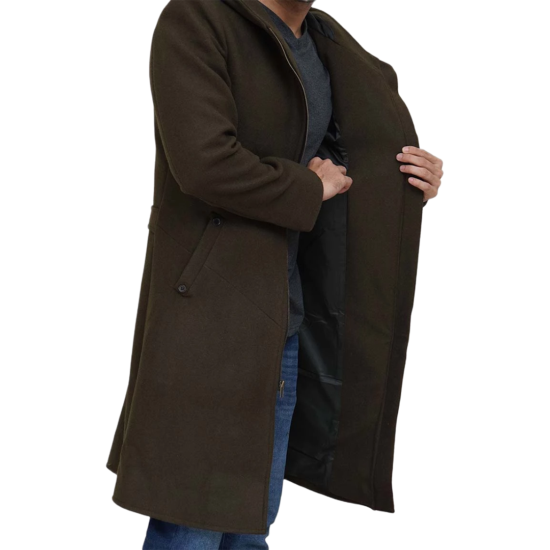 Men's Olive Green Long Wool Coat with Attached Hood