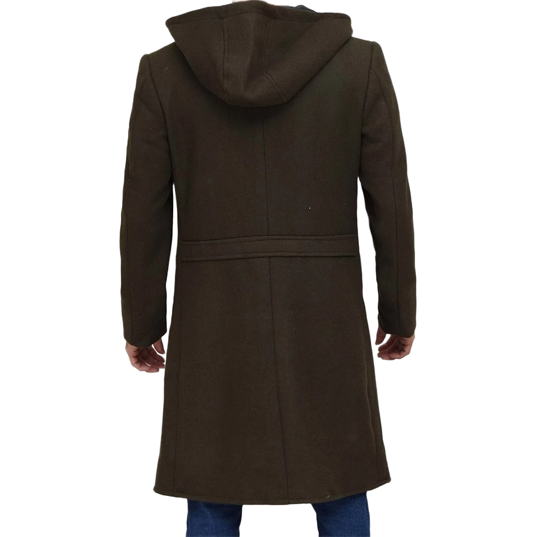 Men's Olive Green Long Wool Coat with Attached Hood