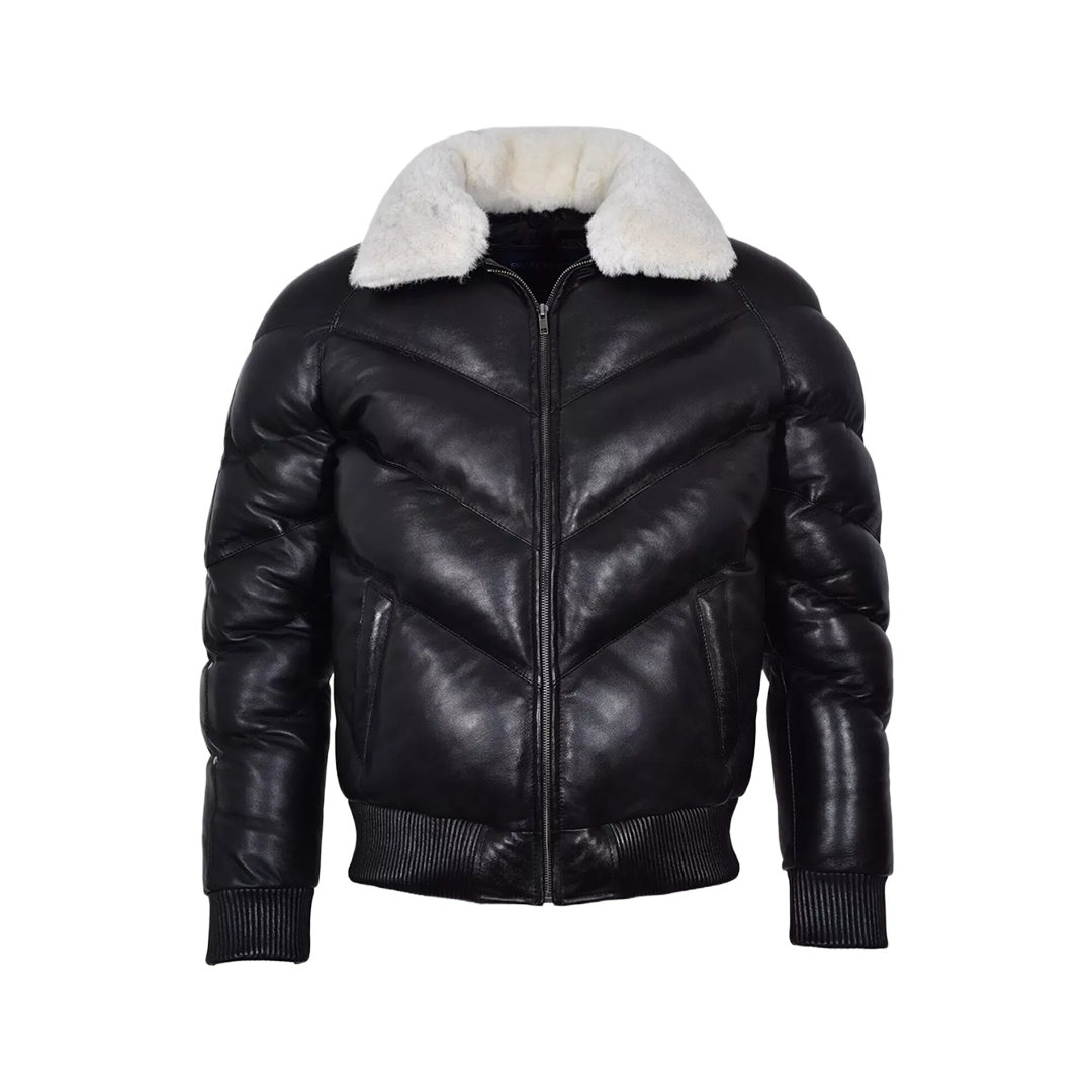 Men's Puffer Leather Jacket Fur Collar WARM Bomber Black