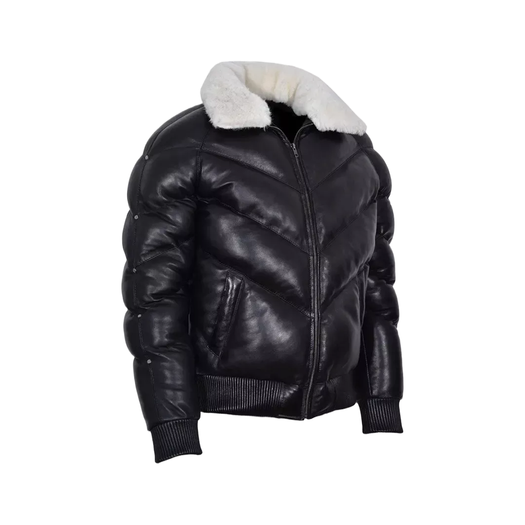 Men's Puffer Leather Jacket Fur Collar WARM Bomber Black