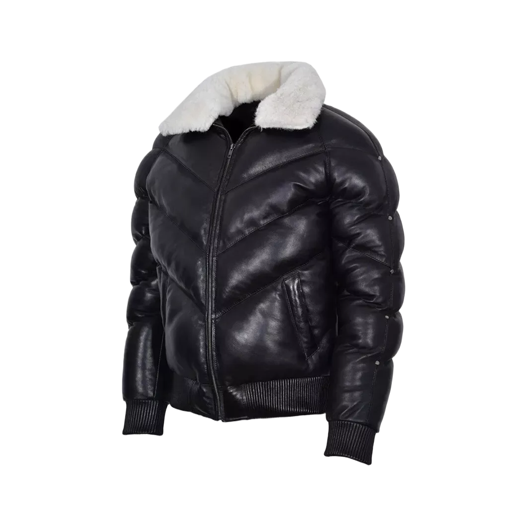 Men's Puffer Leather Jacket Fur Collar WARM Bomber Black
