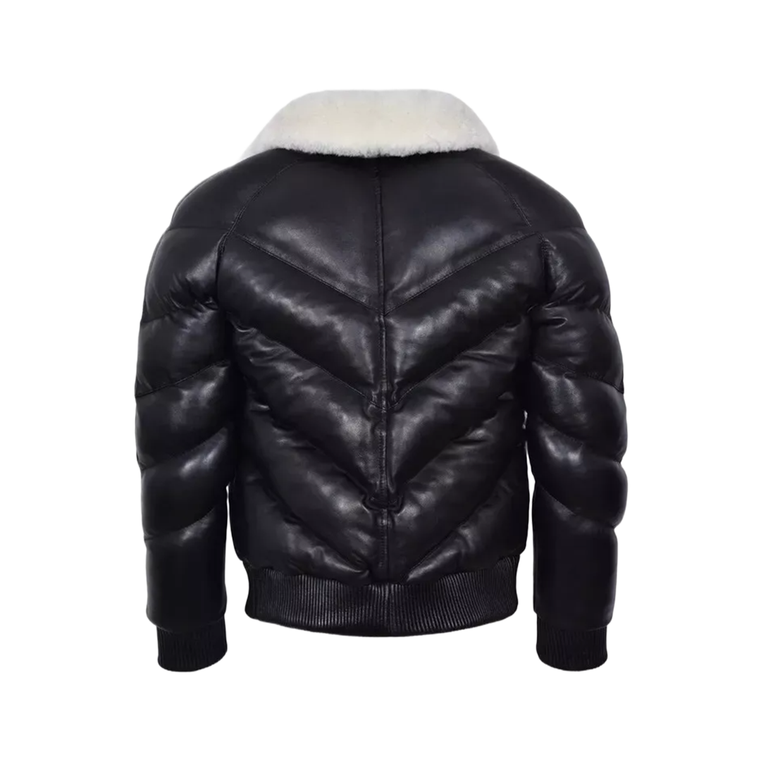 Men's Puffer Leather Jacket Fur Collar WARM Bomber Black