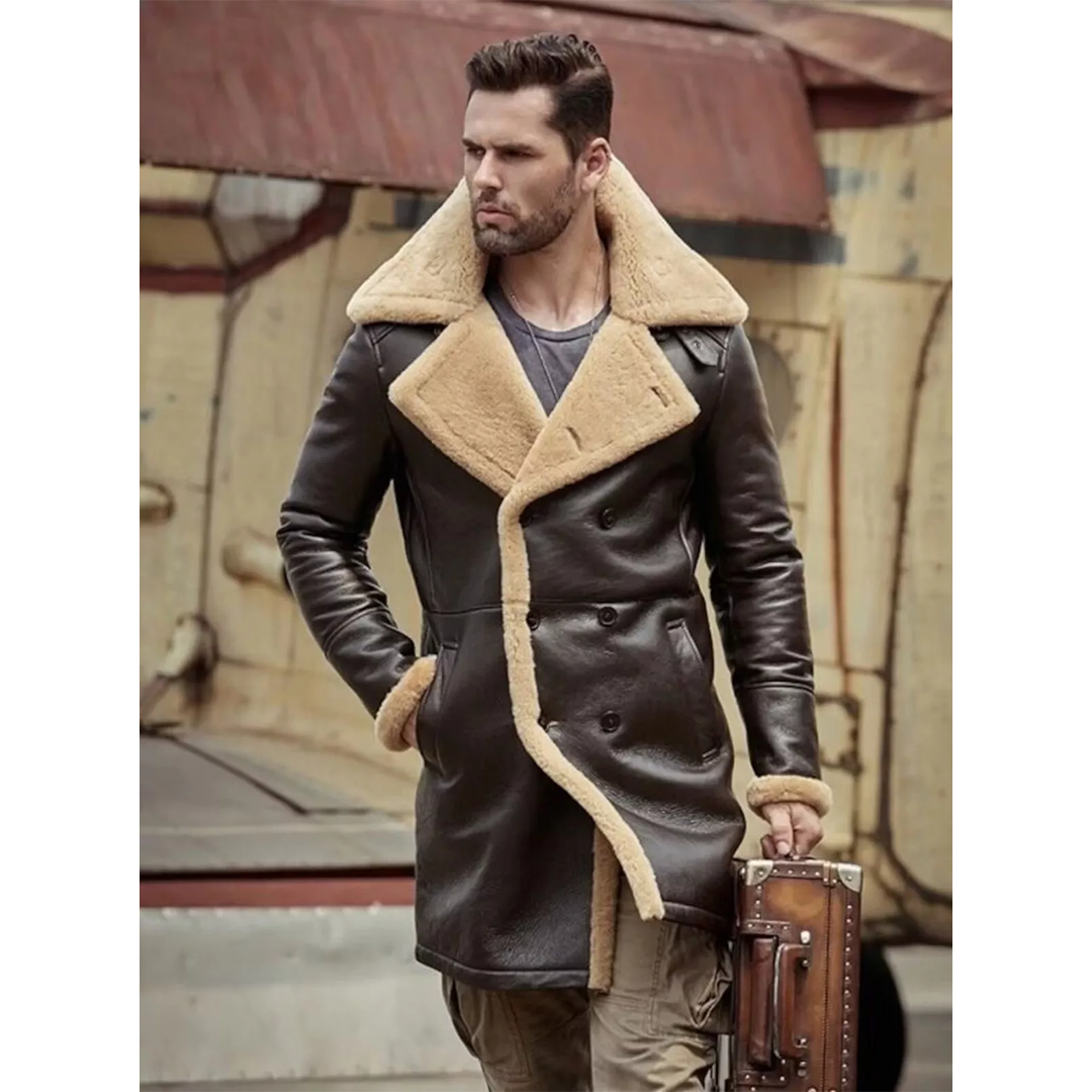 Men's RAF Trench Coat Brown Real Sheepskin Shearling Leather Jacket
