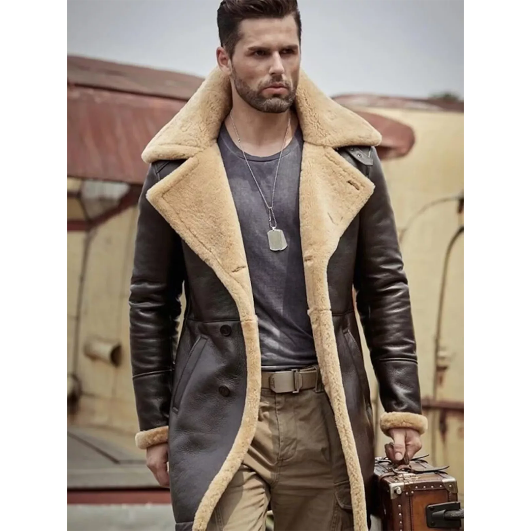 Men's RAF Trench Coat Brown Real Sheepskin Shearling Leather Jacket