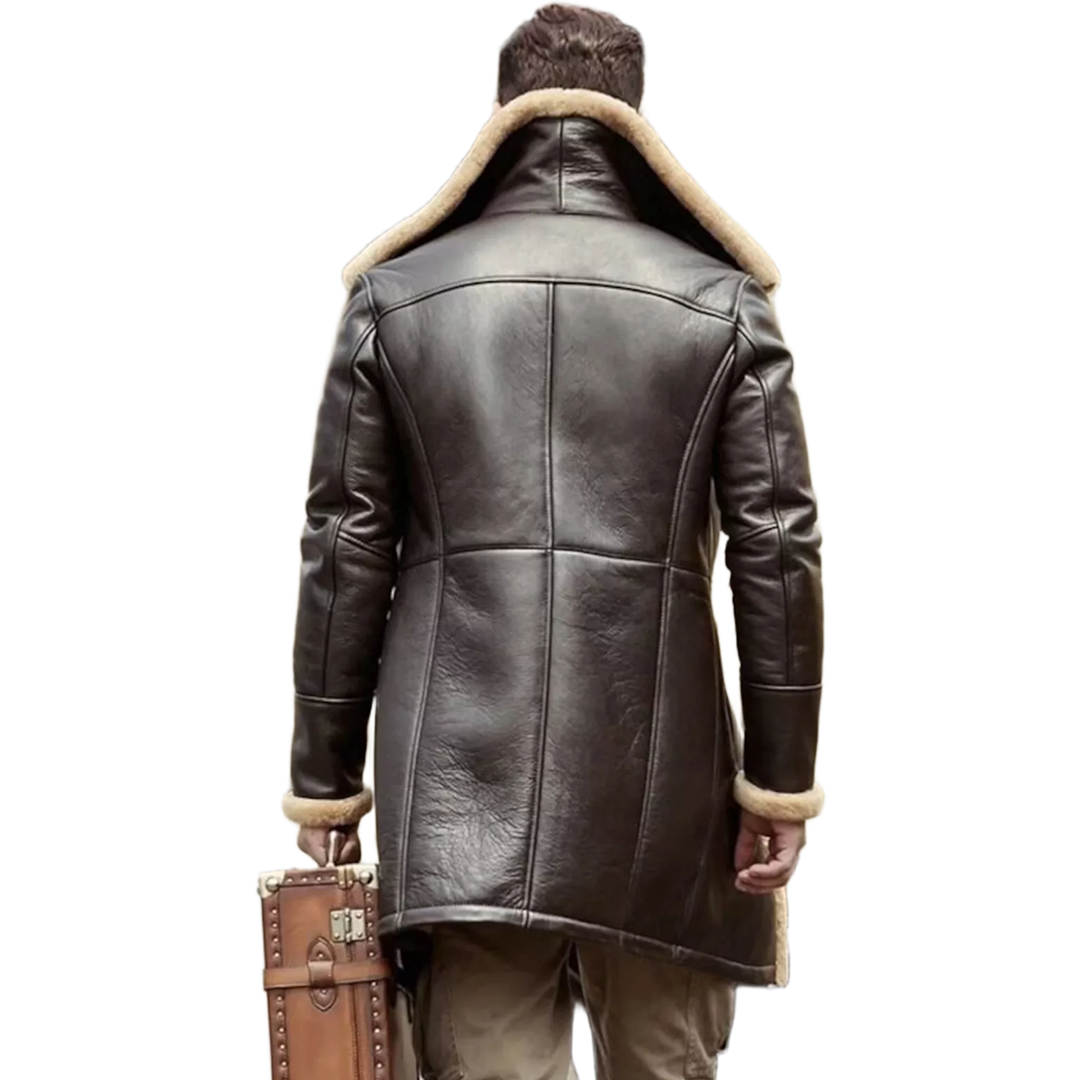 Men's RAF Trench Coat Brown Real Sheepskin Shearling Leather Jacket