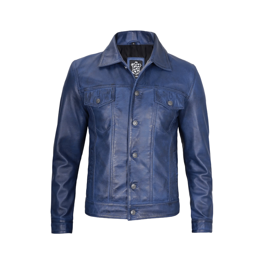 Men's Real Lambskin Leather Blue Trucker Jacket
