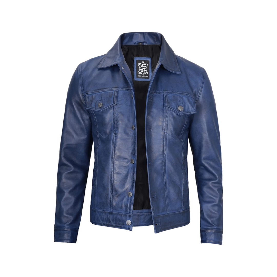 Men's Real Lambskin Leather Blue Trucker Jacket
