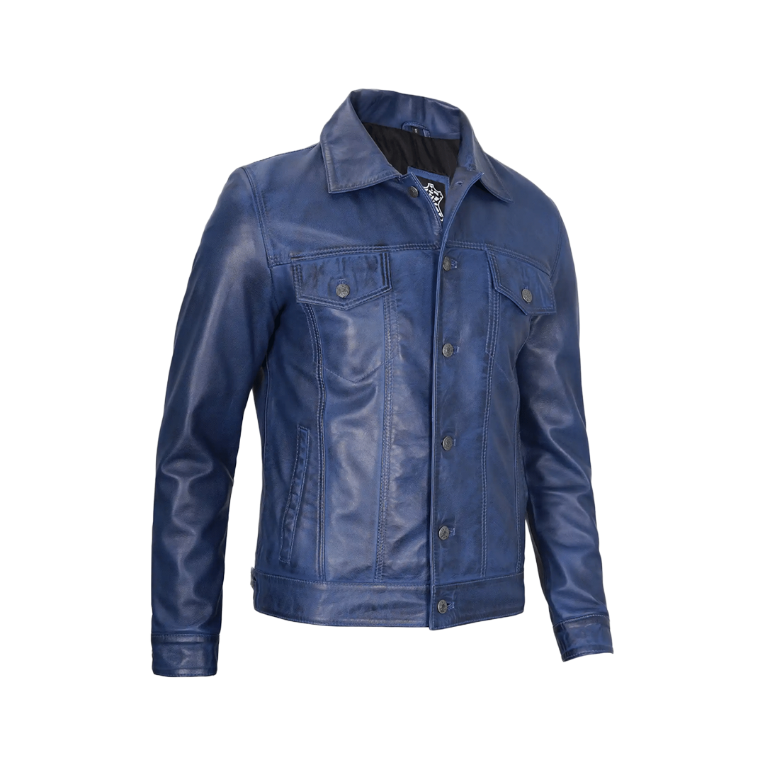 Men's Real Lambskin Leather Blue Trucker Jacket