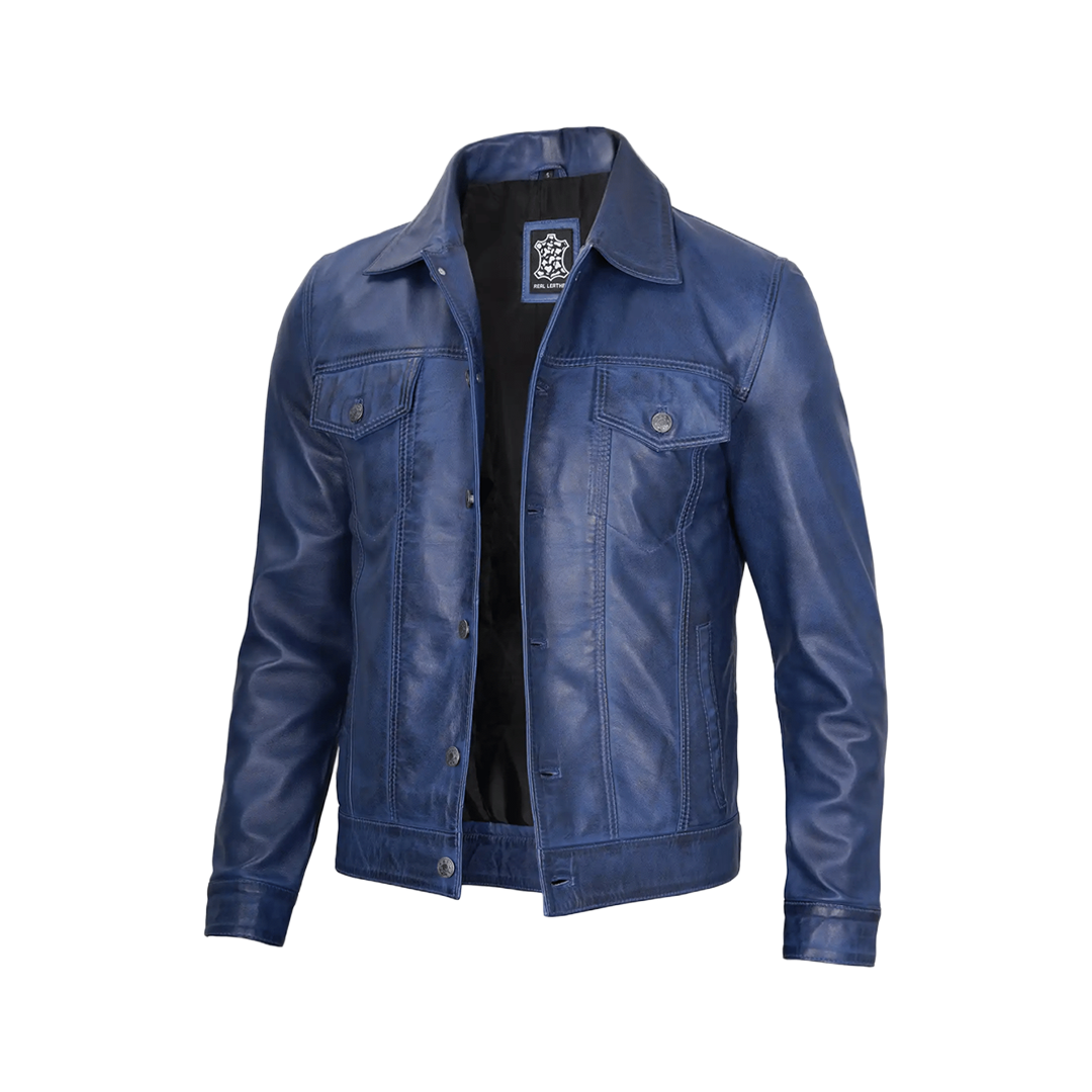 Men's Real Lambskin Leather Blue Trucker Jacket