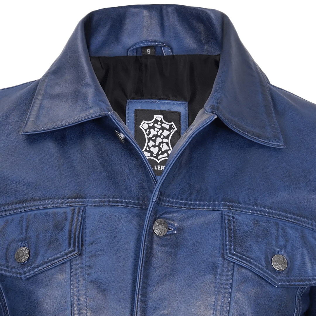 Men's Real Lambskin Leather Blue Trucker Jacket