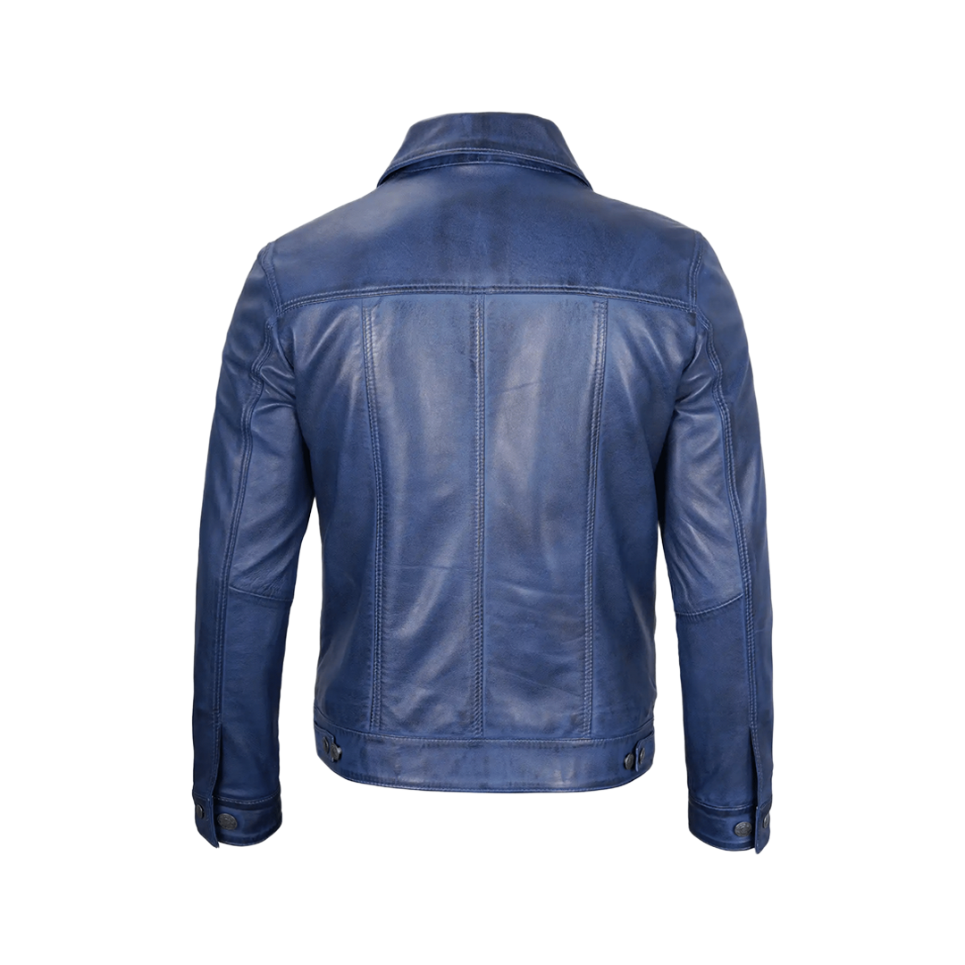 Men's Real Lambskin Leather Blue Trucker Jacket