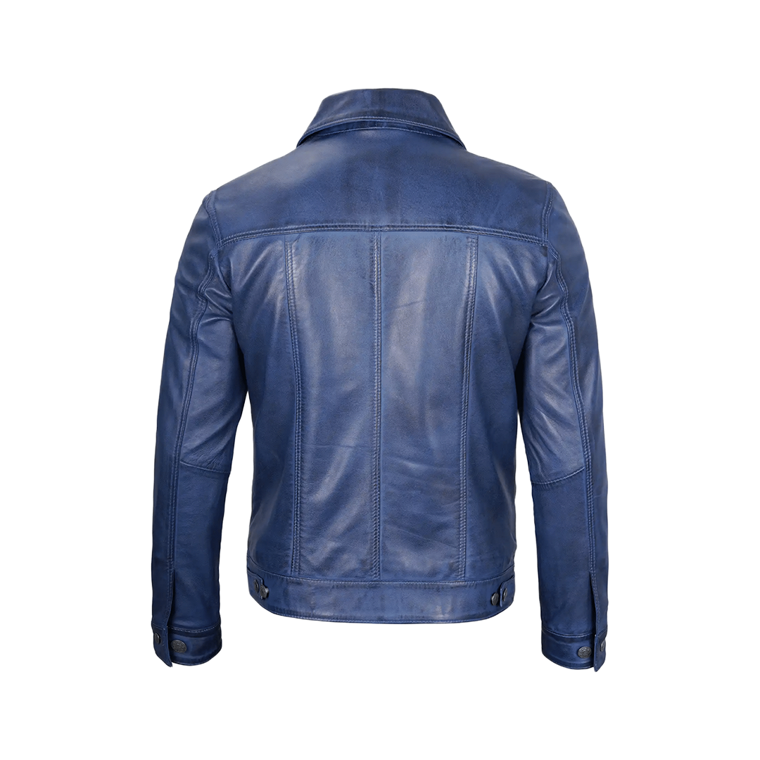 Mens Real Lambskin Leather Blue Trucker Jacket