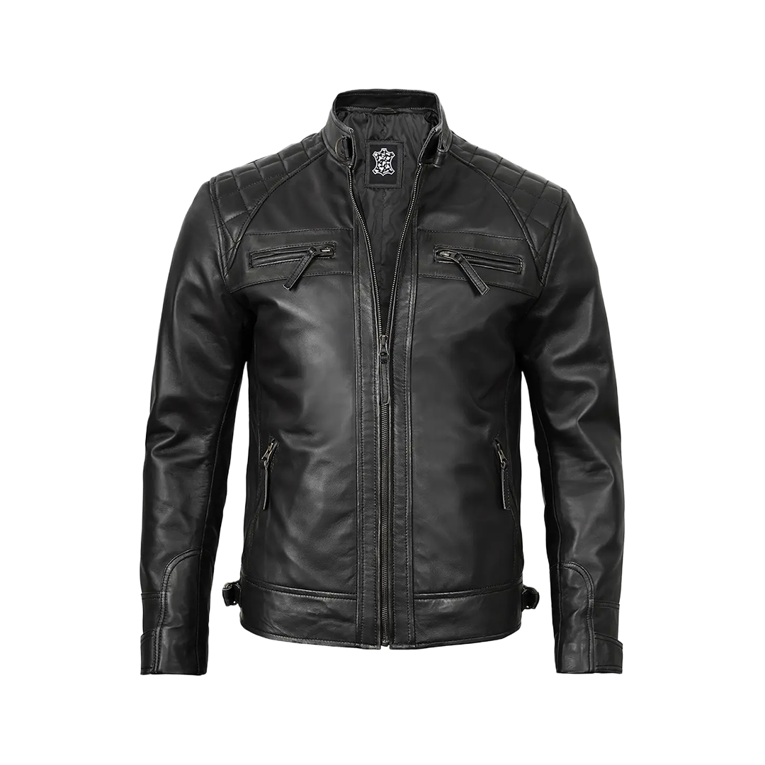 Men's Real Leather Cafe Racer Black Motorcycle Jacket