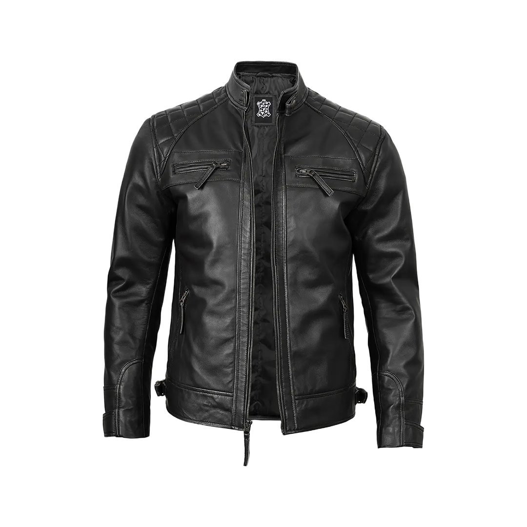 Men's Real Leather Cafe Racer Black Motorcycle Jacket