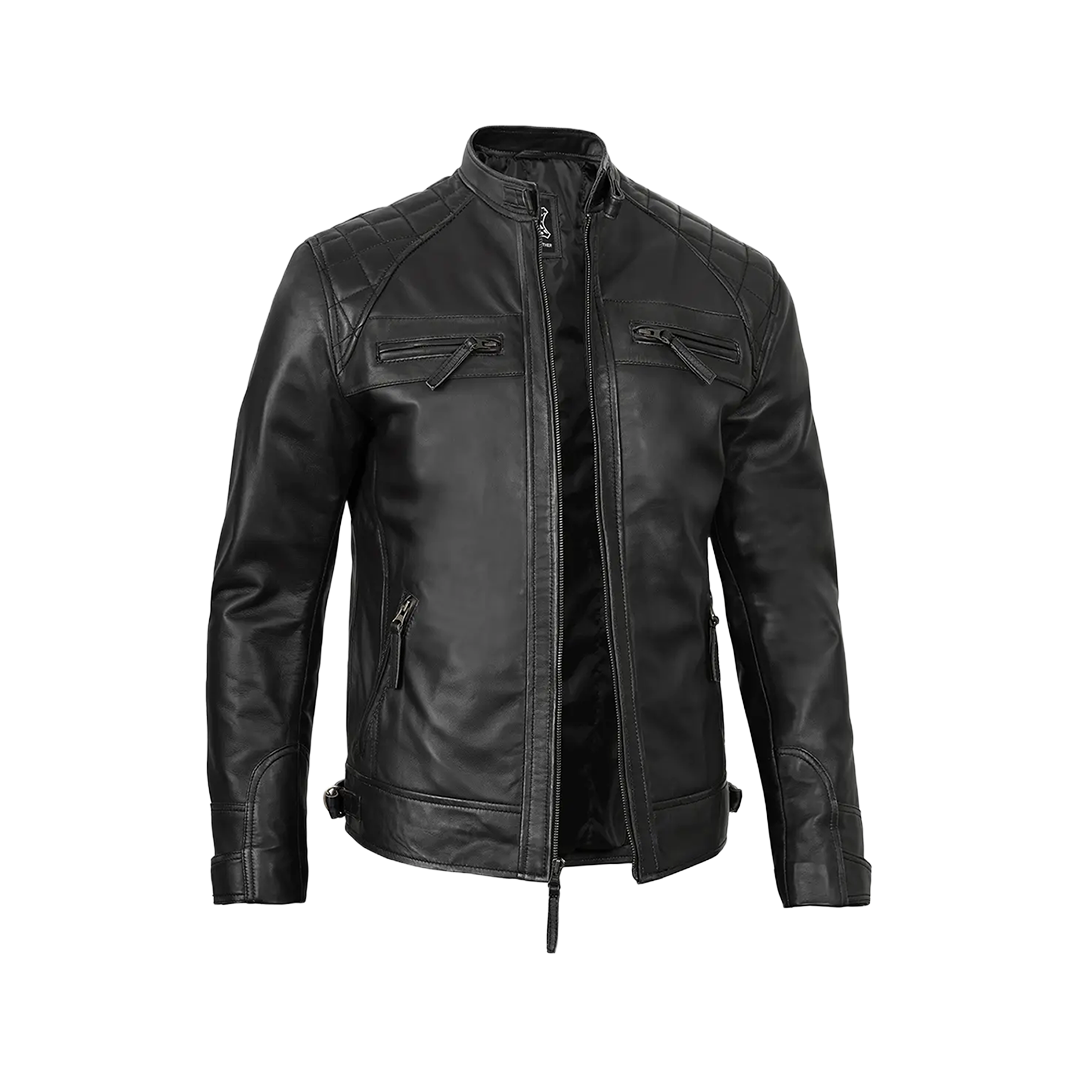 Men's Real Leather Cafe Racer Black Motorcycle Jacket
