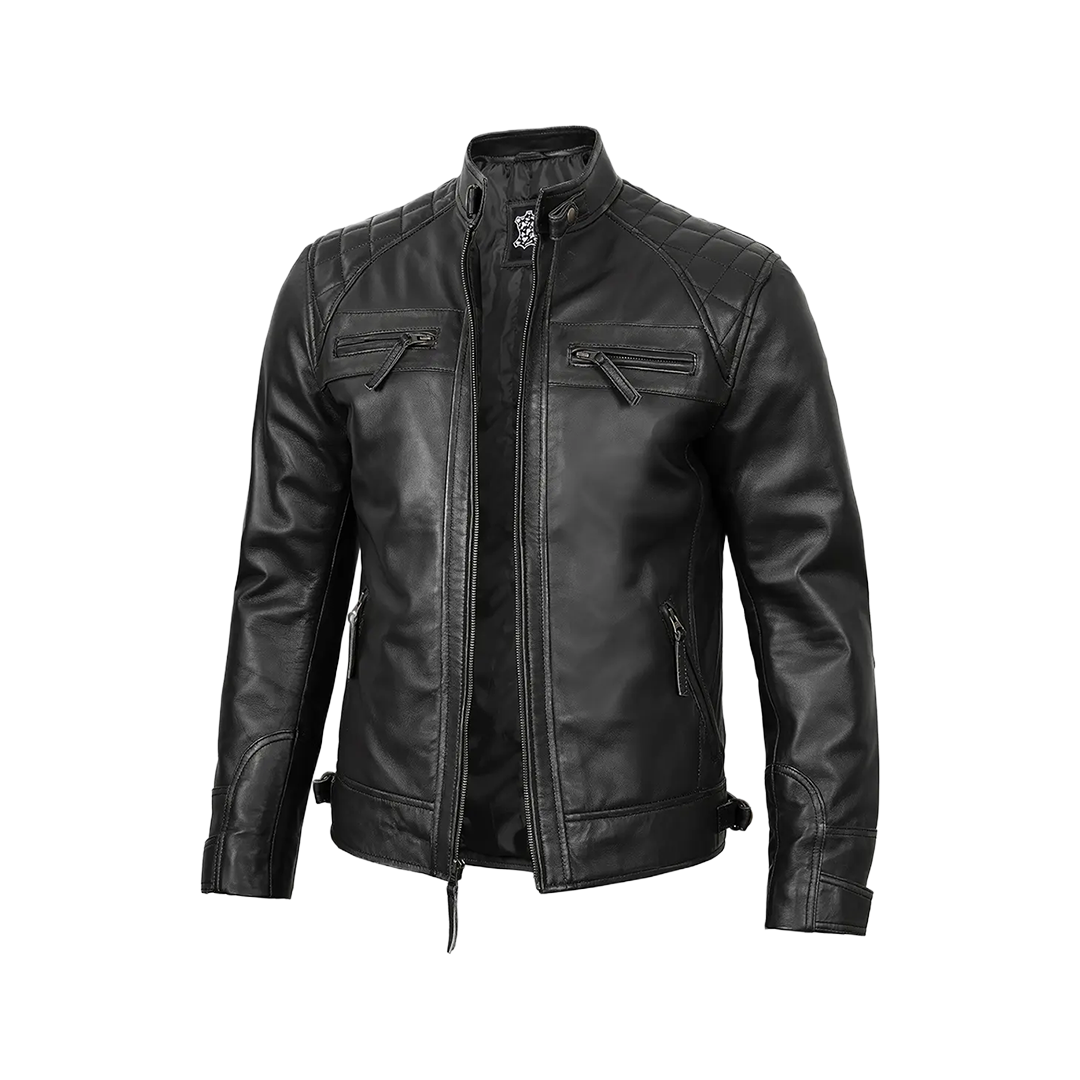 Men's Real Leather Cafe Racer Black Motorcycle Jacket