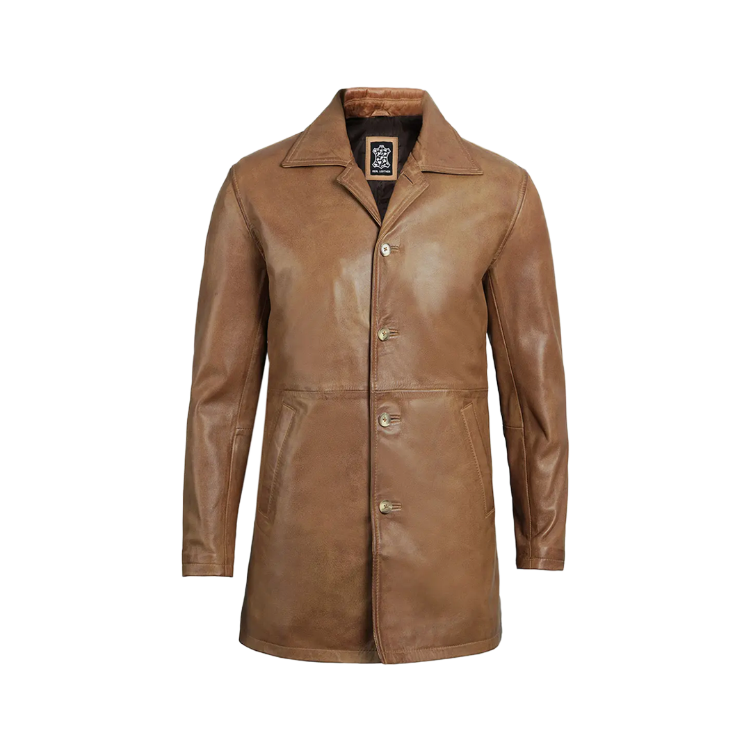 Men's Real Leather Camel Brown 3 4 Length Car Coat