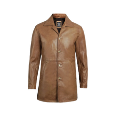 Men's Real Leather Camel Brown 3 4 Length Car Coat