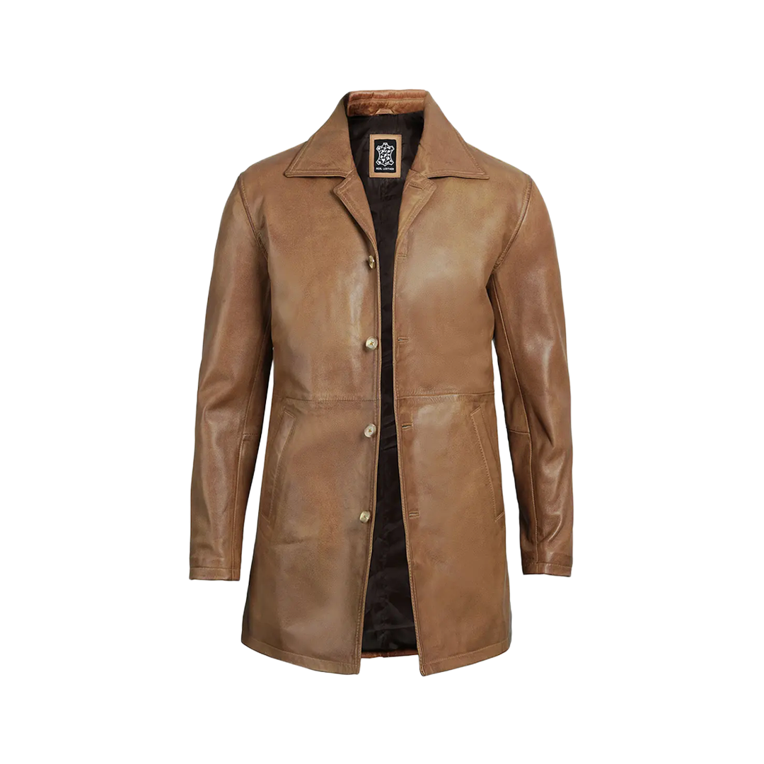 Men's Real Leather Camel Brown 3 4 Length Car Coat