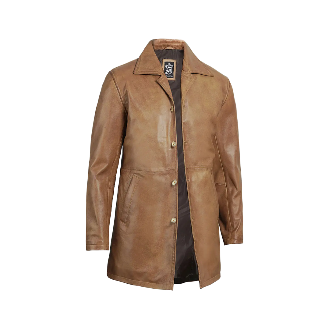 Men's Real Leather Camel Brown 3 4 Length Car Coat
