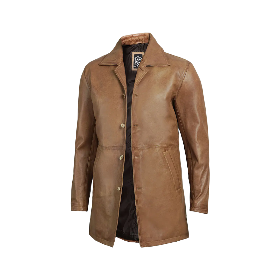 Men's Real Leather Camel Brown 3 4 Length Car Coat