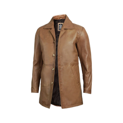 Men's Real Leather Camel Brown 3 4 Length Car Coat