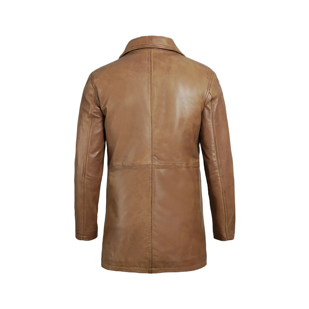 Men's Real Leather Camel Brown 3 4 Length Car Coat
