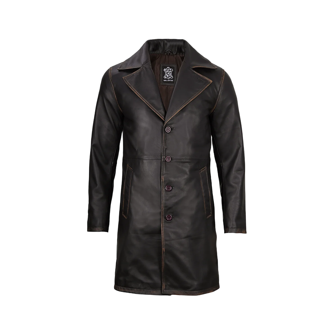 Men's Real Leather 3 4 Length Dark Brown Car Coat